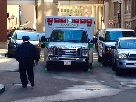 The scene at Tufts Medical Center after a toddler was struck and killed by an ambulance.
